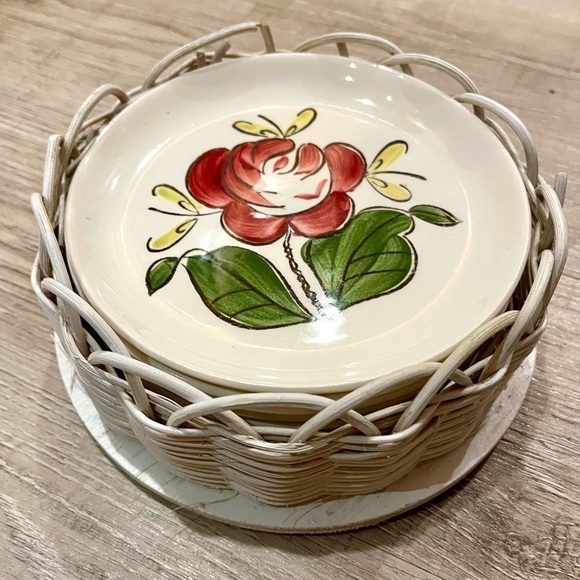 Vintage Stetson Red Rio Rose Desert Plates in basket Set of Seven - Picture 11 of 16